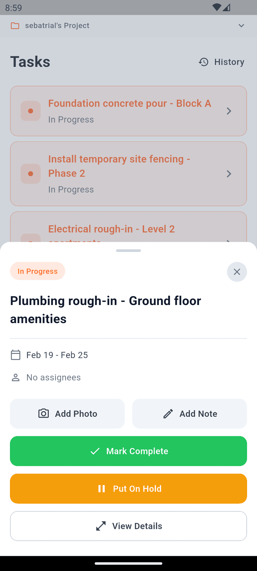 SyteSense task detail showing progress status, photos, and actions