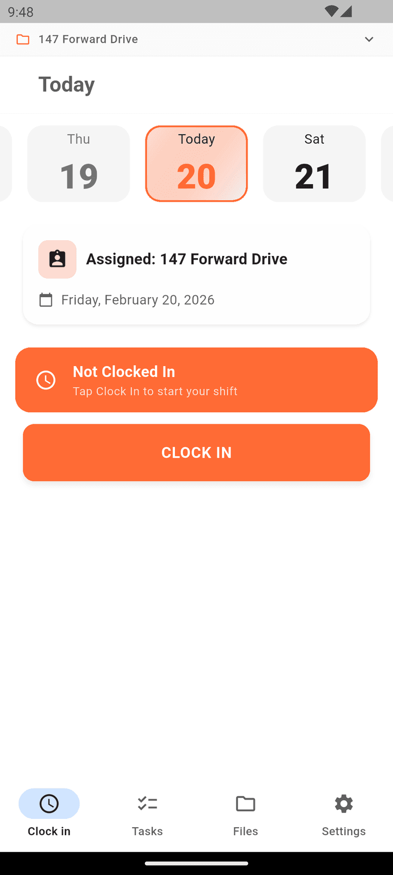 SyteSense home screen with clock in, assigned project, and daily schedule