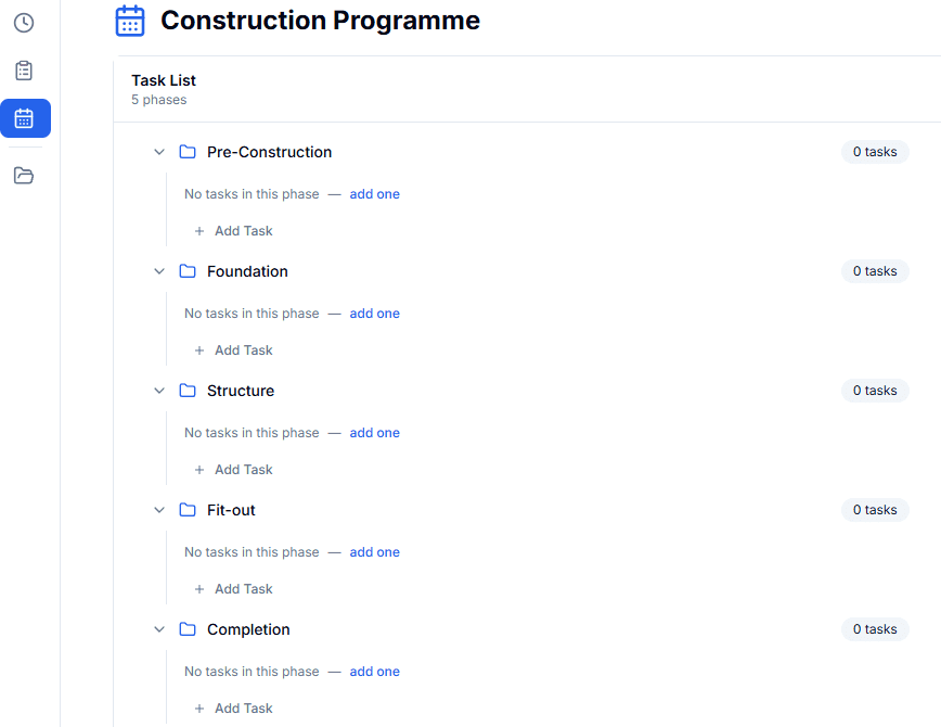 SyteSense programme scheduling view showing task dependencies and project timeline