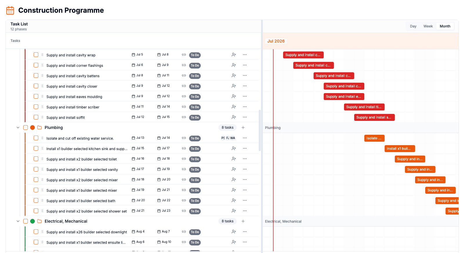 SyteSense construction programme with a task list and Gantt timeline of build phases